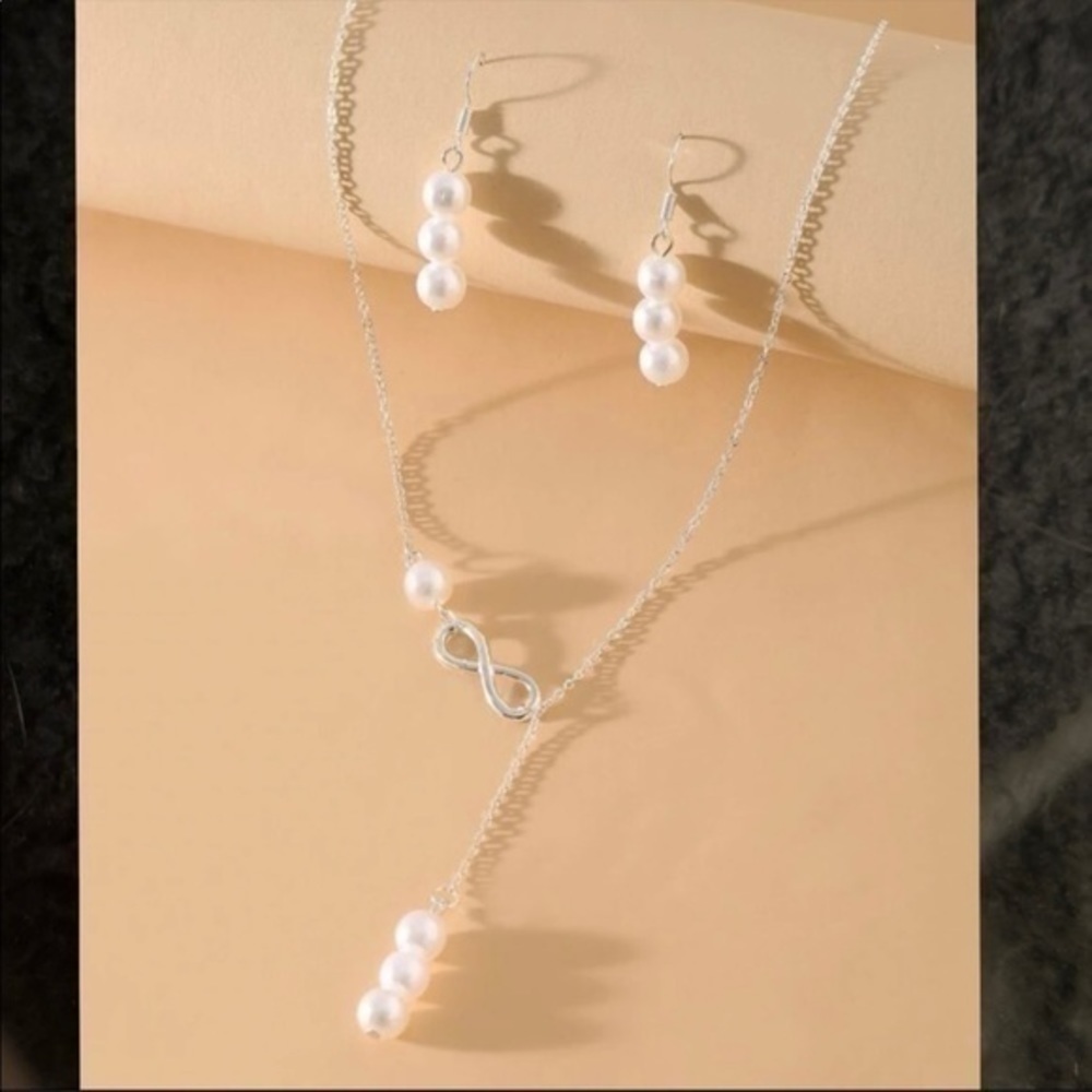 Silver Pearl Infinity Slide Thru Necklace and Earring Set